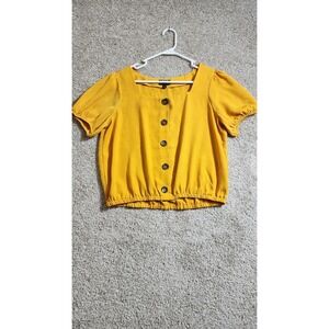 OLM Marigold Square Neck Puff Sleeve Button Front Cropped Hem Top Size Large